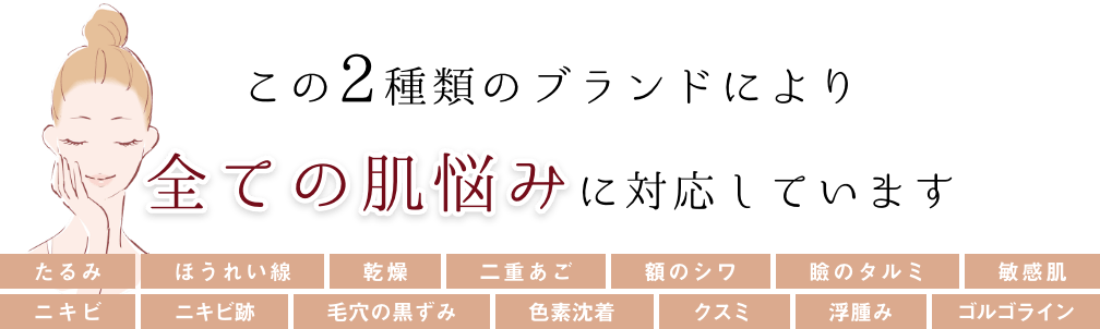 この2種のブランドにより全ての肌悩みに対応しています たるみ ほうれい線 乾燥 二重あご 額のシワ 瞼のタルミ 敏感肌 ニキビ ニキビ跡 毛穴の黒ずみ 色素沈着 クスミ 浮腫み ゴルゴライン